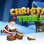 サンタクロースが雪の中で丸太を切っているイラストと「CHRISTMAS TREE FUN」の文字。