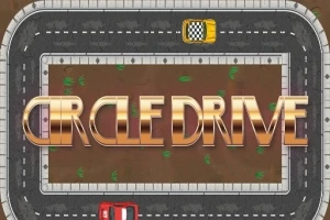 円形の道路に赤と黄の車が走行し、中央に「CIRCLE DRIVE」という金色の文字が配置された画像。
