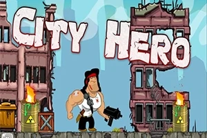 マッチョなキャラクターが廃墟の前で武器を持ち、「CITY HERO」の文字が描かれたイラスト。