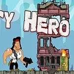 マッチョなキャラクターが廃墟の前で武器を持ち、「CITY HERO」の文字が描かれたイラスト。
