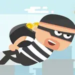 泥棒の格好をしたキャラクターが街中を飛んでいるイラスト。