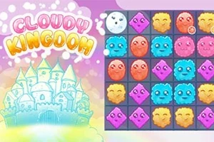 カラフルなキャラクターが並んだパズルボードと「CLOUDY KINGDOM」の文字が描かれたお城のイラスト。