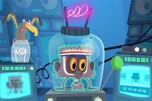 ガラス容器に入った猿と、それを囲む電子機器や計器が描かれたイラスト。