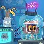 ガラス容器に入った猿と、それを囲む電子機器や計器が描かれたイラスト。