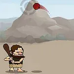 棒を持った原始人が山の前で赤いボールを打とうとしている。