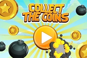 コインや爆弾が散りばめられた背景に「COLLECT THE COINS」と書かれたテキストと再生ボタンが配置されたカラフルなデザイン。
