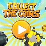 コインや爆弾が散りばめられた背景に「COLLECT THE COINS」と書かれたテキストと再生ボタンが配置されたカラフルなデザイン。