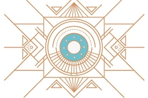 幾何学模様のデザインで、中央に青い円があり、周囲に多数の線と三角形が配置されている。