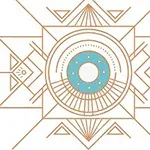 幾何学模様のデザインで、中央に青い円があり、周囲に多数の線と三角形が配置されている。