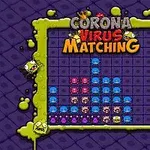 紫色の背景に、ウイルスのキャラクターが描かれた正方形の枠と、青や赤、紫の顔アイコンが並んでいる。