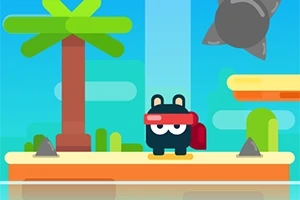 カラフルな背景の中、黒いキャラクターが赤いサングラスとリュックを身に着けている場面。