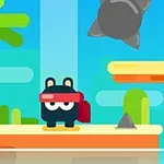 カラフルな背景の中、黒いキャラクターが赤いサングラスとリュックを身に着けている場面。