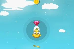 青空の中でひよこが赤い宝石の下に浮かんでいるイラスト。