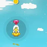 青空の中でひよこが赤い宝石の下に浮かんでいるイラスト。