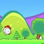 アニメ風の鶏が緑豊かな木々と雄大な山々を背景に空を飛んでいるイラスト。