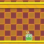黄色と赤のチェック柄の壁の前で、緑のキャラクターと白いゴーストのようなキャラクターが並んでいる。