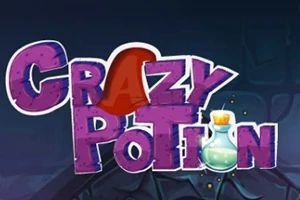 紫色の文字で「Crazy Potion」と書かれた背景に小さなガラス瓶が描かれている画像。