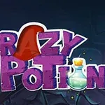 紫色の文字で「Crazy Potion」と書かれた背景に小さなガラス瓶が描かれている画像。