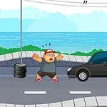 海沿いの道路で黒い車の前に驚いている帽子を被った男性。
