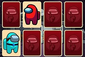 2つの異なる色のキャラクターが描かれた2枚のカードと、4枚の裏向きのカードが配置されている。