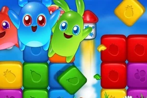 カラフルなブロックと楽しそうな表情をしたキャラクターたちが描かれた鮮やかな背景のイラスト。
