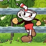木々の背景を背にして、ストロー付きのカップを頭に持つアニメキャラクターが歩いている。