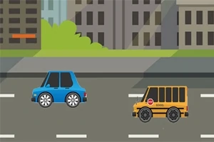 青い車と黄色い車が道路を走っているイラスト。