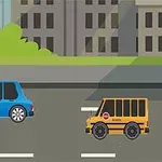 青い車と黄色い車が道路を走っているイラスト。