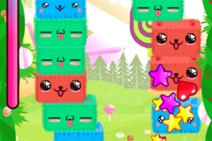カラフルなキャラクターのブロックが積み重なり、星型のアイテムが飛び散る様子。