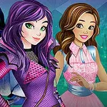 紫と青の衣装を着た3人のアニメキャラクターが笑顔で並んでいる。