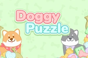 犬のおやつと可愛い犬のイラストが両側に描かれた、カラフルな背景に「Doggy Puzzle」と書かれた画像。