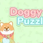 犬のおやつと可愛い犬のイラストが両側に描かれた、カラフルな背景に「Doggy Puzzle」と書かれた画像。