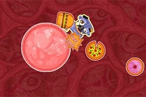 赤い背景にピザ、ドーナツ、飲み物、機械のようなキャラクターが描かれたイラスト。