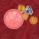 赤い背景にピザ、ドーナツ、飲み物、機械のようなキャラクターが描かれたイラスト。