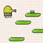 黄色いキャラクターが緑の足場の上をジャンプしているイラスト。