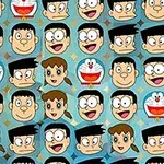 青い背景に漫画キャラクターの顔が繰り返しパターンで配置されているイラスト。