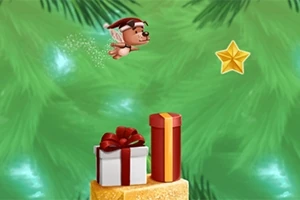 緑色の背景の上に、空を飛ぶ小さな犬とクリスマスプレゼント、星が描かれているイラスト。