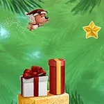 緑色の背景の上に、空を飛ぶ小さな犬とクリスマスプレゼント、星が描かれているイラスト。