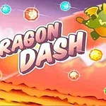緑色のドラゴンが飛んでいる背景に「DRAGON DASH」の文字が描かれたカラフルなイラスト。
