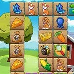 牧場を背景に、動物や野菜、宝石などのアイコンが並んだパズルゲームの画面。
