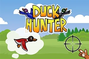空を飛ぶカラフルなアヒルと「DUCK HUNTER」というテキスト、狙撃手の手元に重ねられた照準器が描かれたグラフィック。