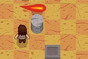 キャラクターが砂漠のタイル上で火の玉を避けている風景。