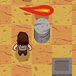 キャラクターが砂漠のタイル上で火の玉を避けている風景。