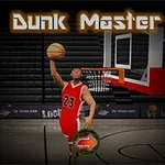 バスケットボールを持ち、ジャンプしてダンクシュートを決める赤いユニフォームを着た選手。