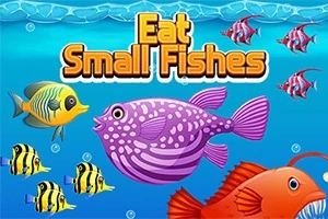 様々なカラフルな魚が泳いでいる青い海のイラストと、大きな文字で「Eat Small Fishes」と書かれています。