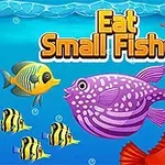 様々なカラフルな魚が泳いでいる青い海のイラストと、大きな文字で「Eat Small Fishes」と書かれています。