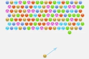 カラフルな顔の絵文字が整列し、一つの絵文字が矢印と共に下から飛び出そうとしている様子。