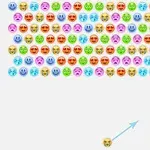 カラフルな顔の絵文字が整列し、一つの絵文字が矢印と共に下から飛び出そうとしている様子。