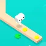 青い背景に細長い道があり、小さな白いキャラクターが金色のコインの上を歩いている。