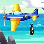 青いプロペラ機が海上に爆弾を落とし、背景にヘリコプターが飛んでいる。